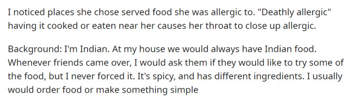 While planning, OP noticed that the spots her friend picked out were places that served food that she said she was allergic to