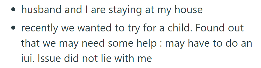 Couple living at wife's house faces fertility issues requiring potential IUI, with the problem not originating from the wife.