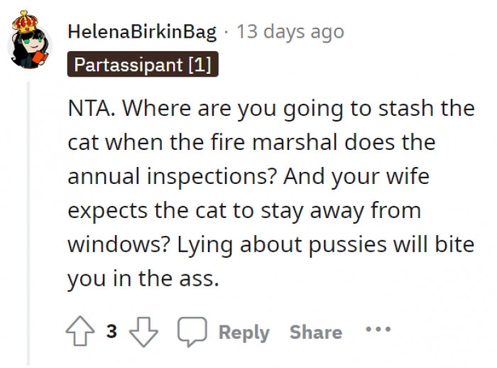 How does one even hide a cat? In one way or another, the fire marshal or someone will eventually find them out.