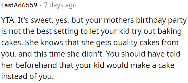 OP is wrong for allowing her child to bake a cake for her mother's birthday without informing her in advance.
