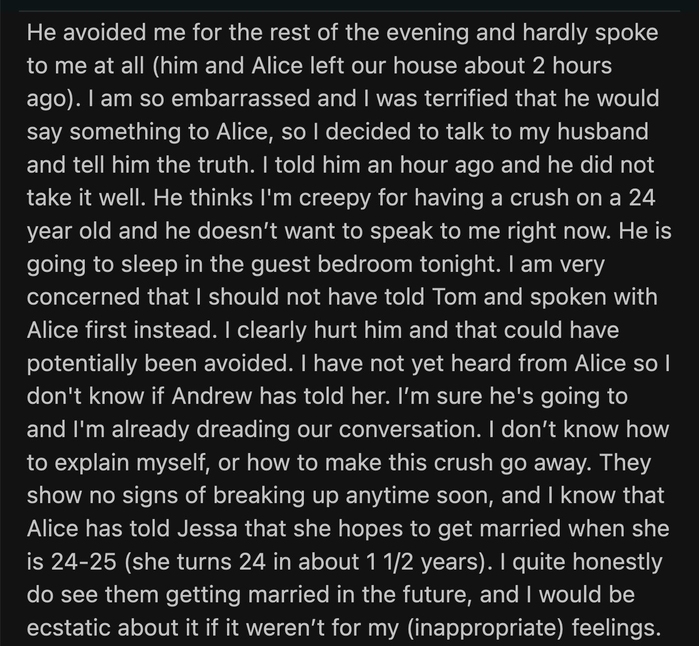 OP acknowledged that her feelings were inappropriate. She wouldn't have said anything to Tom if she didn't think Andrew would say something to Alice.
