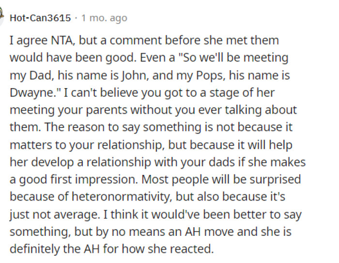 This person said that it could have been discussed prior to meeting the parents, but that he's NTA for not telling his girlfriend beforehand.