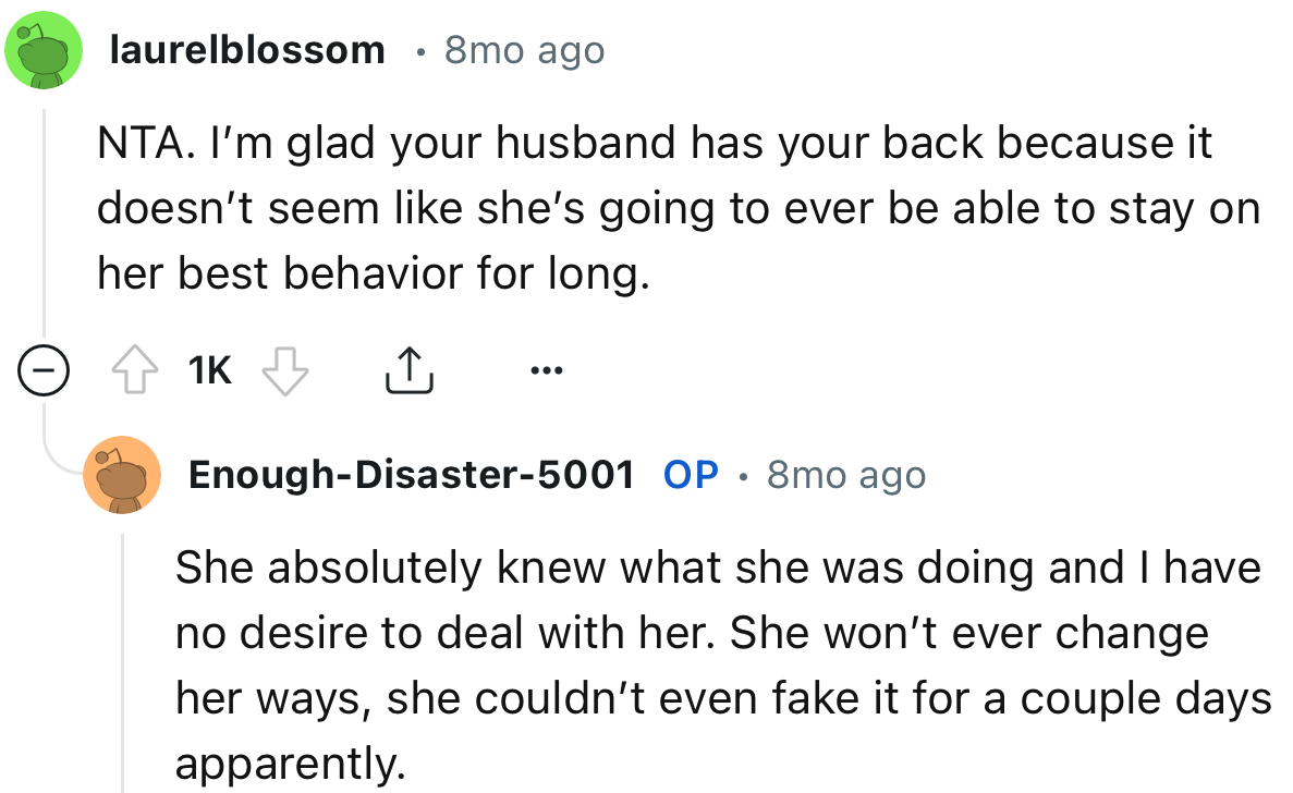 “NTA. I’m glad your husband has your back.”