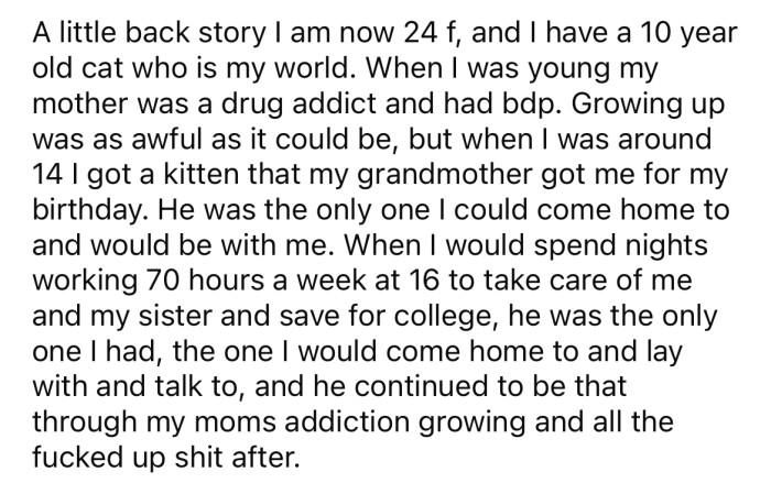 She explained that she has a 10-year-old cat who means the world to her.