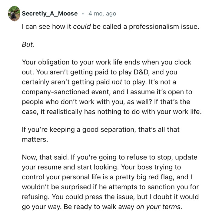 “Your obligation to your work life ends when you clock out.”