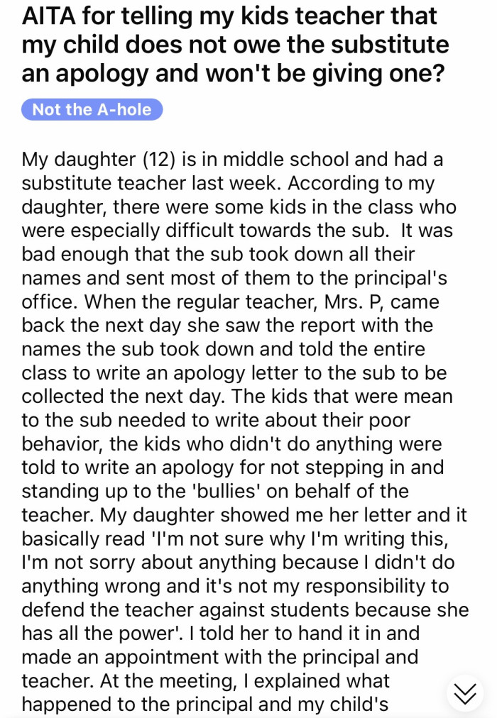 OP posted this in a Reddit community to ask people if it was wrong for their child not to apologize to their teacher.