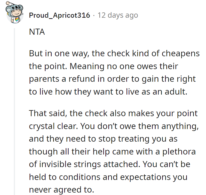 Refunding parental investments? Well, that's one way to balance the ledger of life.