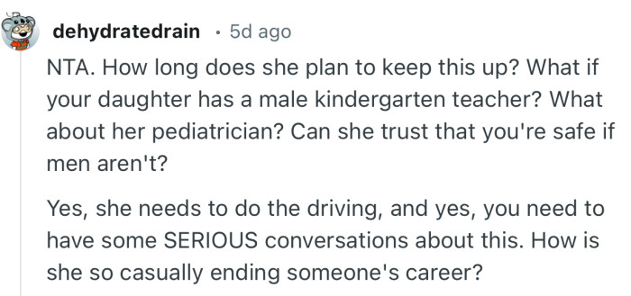 “Yes, she needs to do the driving, and yes, you need to have some SERIOUS conversations about this.”