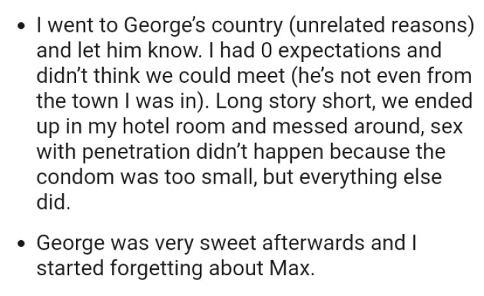 The OP ended up with the first guy in her hotel room, and they did everything except penetrate