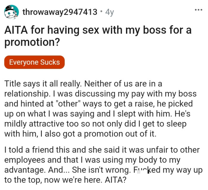 OP explains how her boss picked up on what she was saying and the OP slept with him