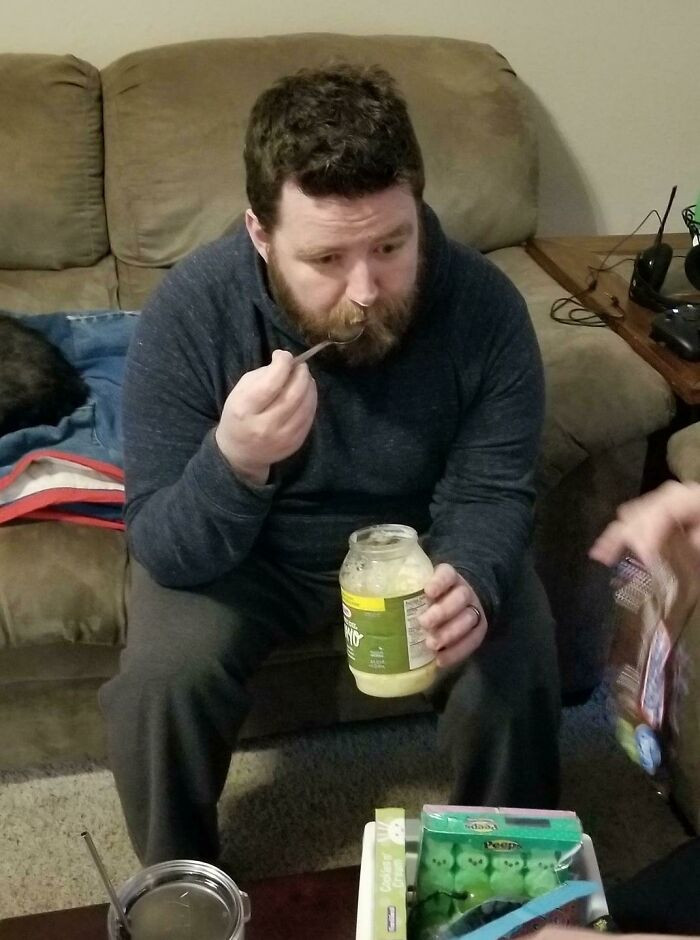 "Using a prank idea from Askreddit, I put vanilla pudding in a mayonnaise jar. My kids were horrified as I ate it while watching them open their Easter presents."