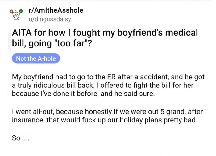 OP explains that even with insurance, her boyfriend had a $5k hospital bill that she offered to help fight