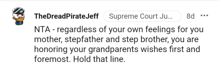 The OP is honoring their grandparents' wishes first