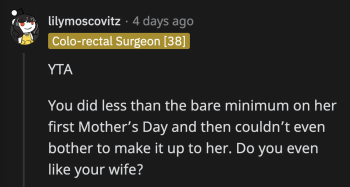 Greeting her after she reminded him it was Mother's Day should not even count as less than the bare minimum