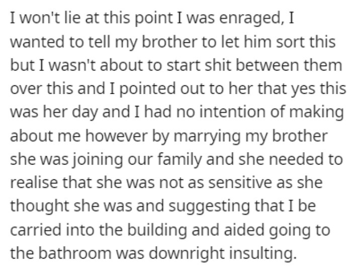 OP was enraged by the fiancée's response