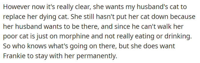 A noticeable change in the aunt's intentions has emerged as she seeks to have OP's husband's cat, Frankie, permanently replace her ailing feline companion.
