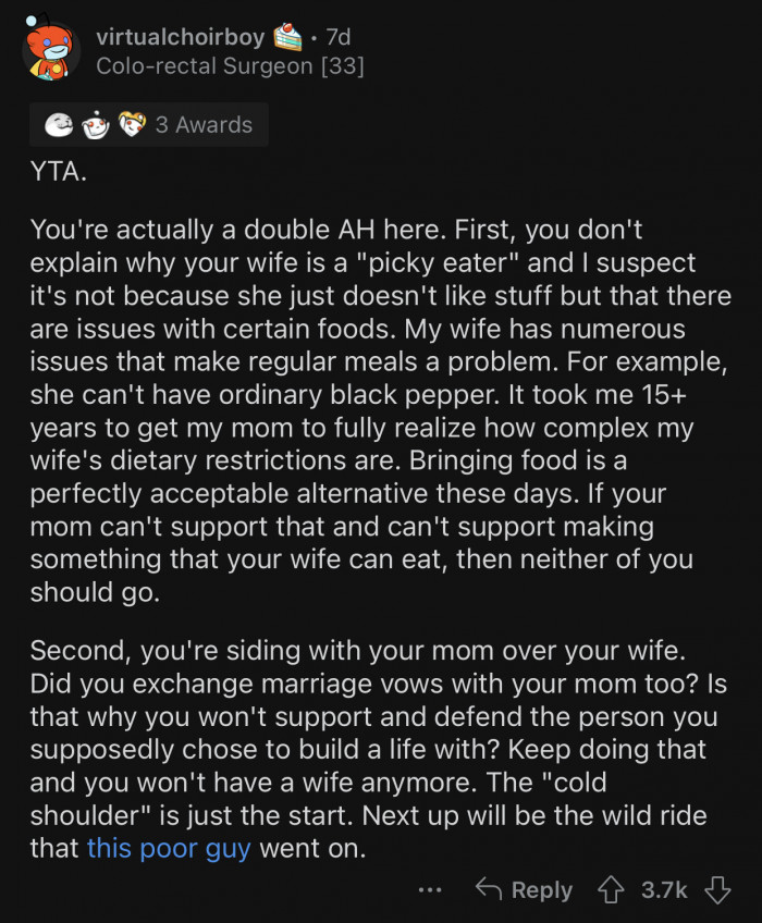 The OP is siding with his mom over his wife.