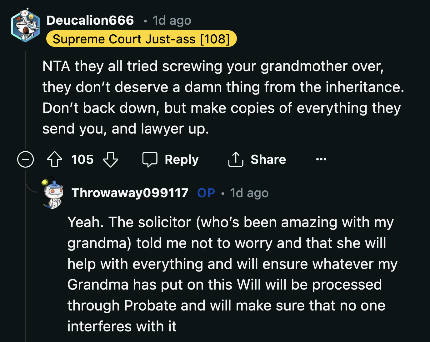 OP assured Redditors that he was working with his grandma's solicitor to ensure that her will was followed to a T.