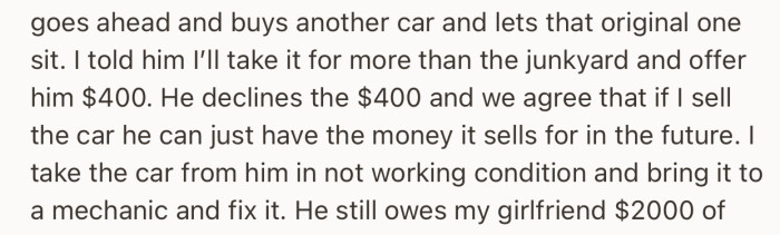 OP’s brother went on to buy a new car, while OP fixed and took over the wrecked car