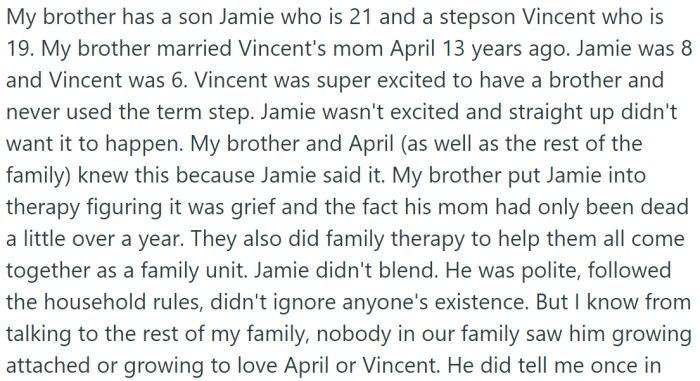 OP's brother has a son, Jamie, who is 21, and a stepson, Vincent, who is 19. The brother married Vincent's mom, April, 13 years ago when Jamie was 8 and Vincent was 6.