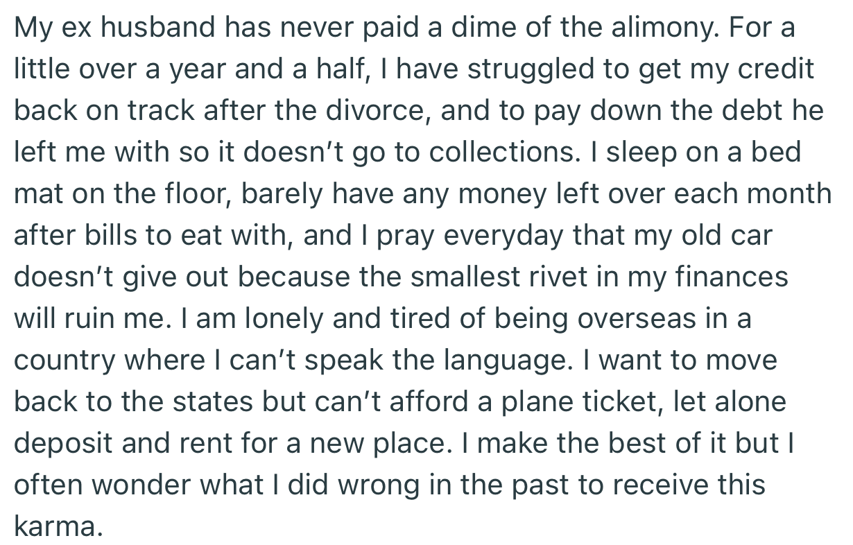 Unfortunately, OP’s Ex-Husband Never Paid a Dime in Alimony, and She Struggled to Make Ends Meet. Worst of All, OP Couldn’t Afford a Plane Ticket Back to the US