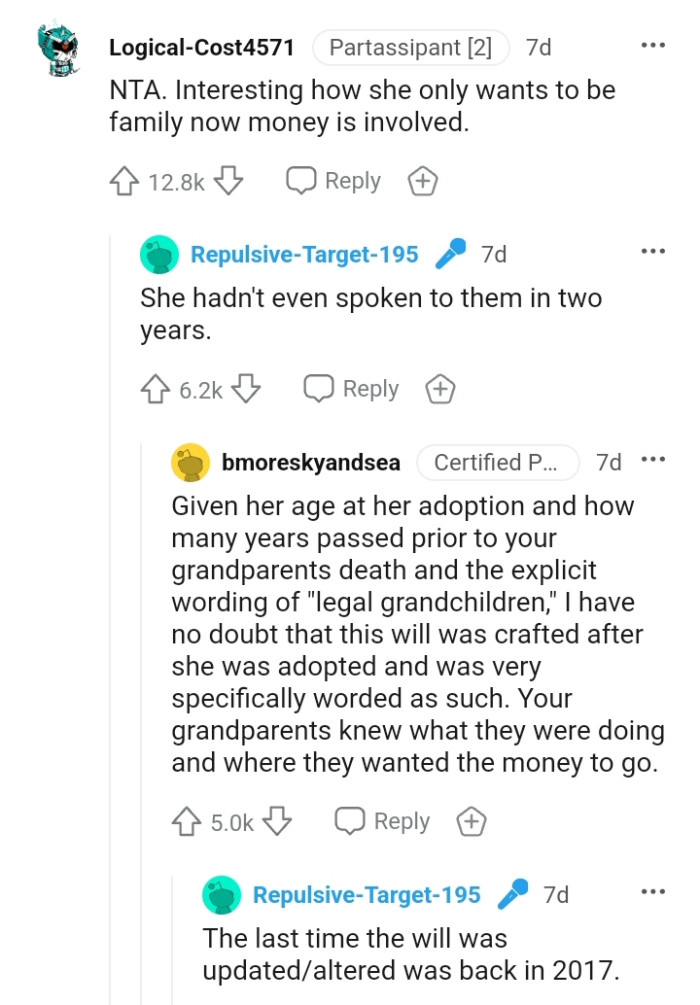 OP's sister now wants to be family because of the money