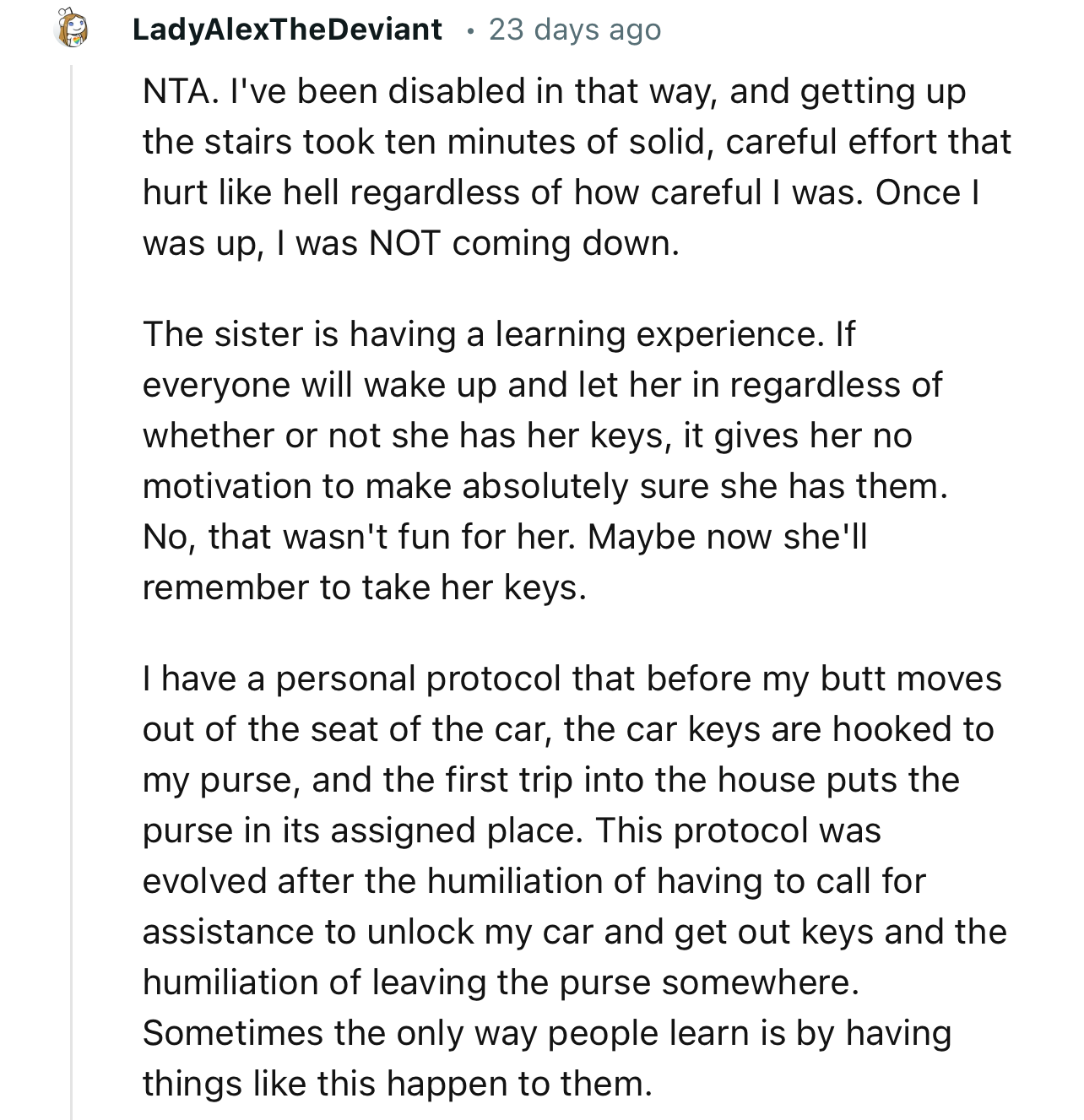 “NTA…No, That Wasn't Fun for Her. Maybe Now She'll Remember to Take Her Keys.”