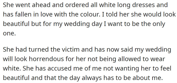 The OP told her to pick a different color, but her mother didn't listen and bought a white dress anyway: