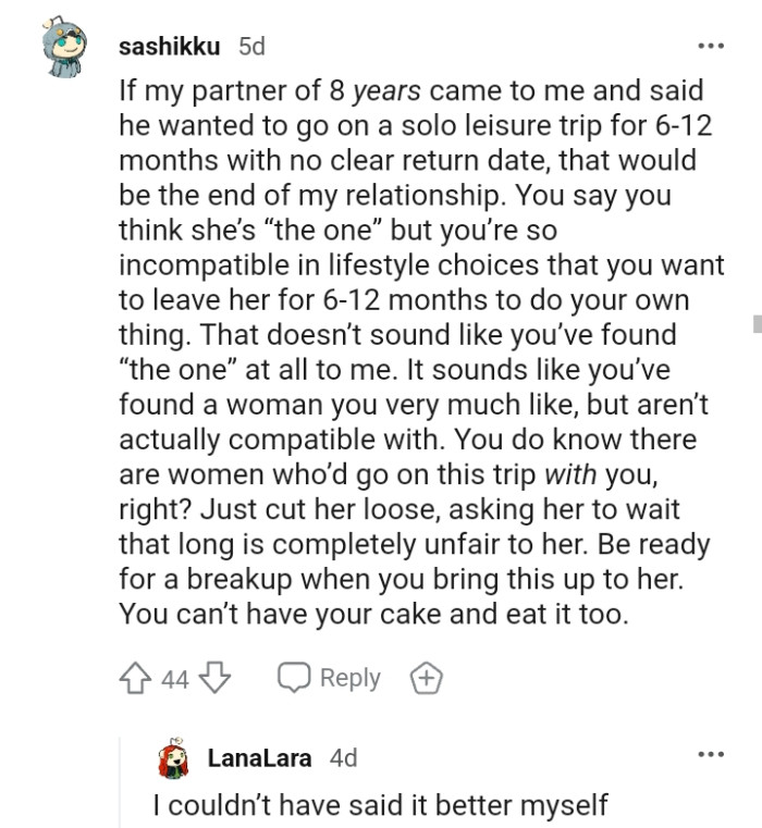 The OP should be ready for a breakup when he reveals this