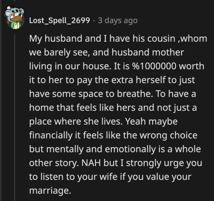 Another Redditor in a similar situation empathized with OP's wife