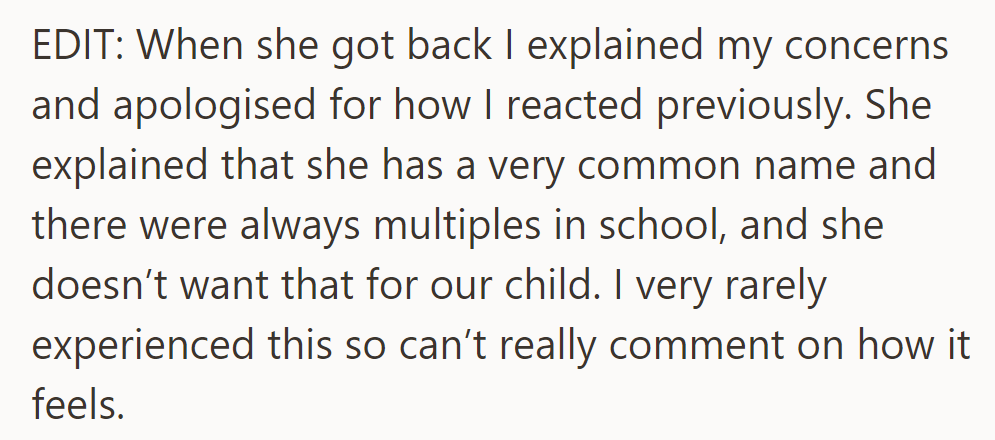 He apologized and shared his concerns; she sought uniqueness due to her school experience. He admitted to having limited understanding.