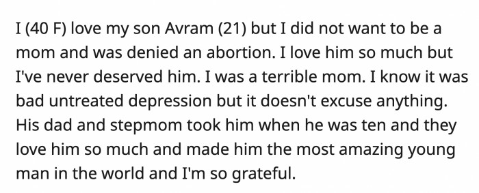 The mother and son haven't spoken much since that night. OP thinks she did nothing wrong; is she the a**hole?