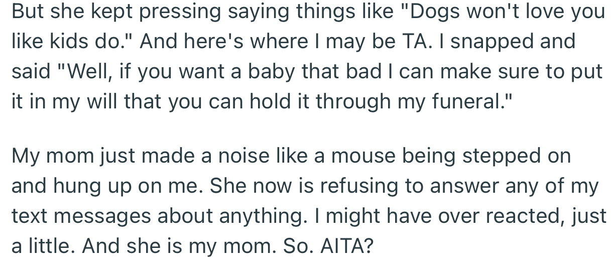 OP’s Mom Has Been Pressing Her to Get Pregnant. But This Time, OP Made Sure to Tell Her Off with a Very Uncomfortable Statement