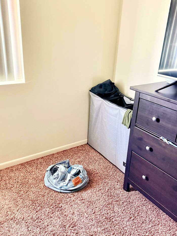 "Where My Husband Dumps His Dirty Clothes vs. Where The Laundry Basket Is"