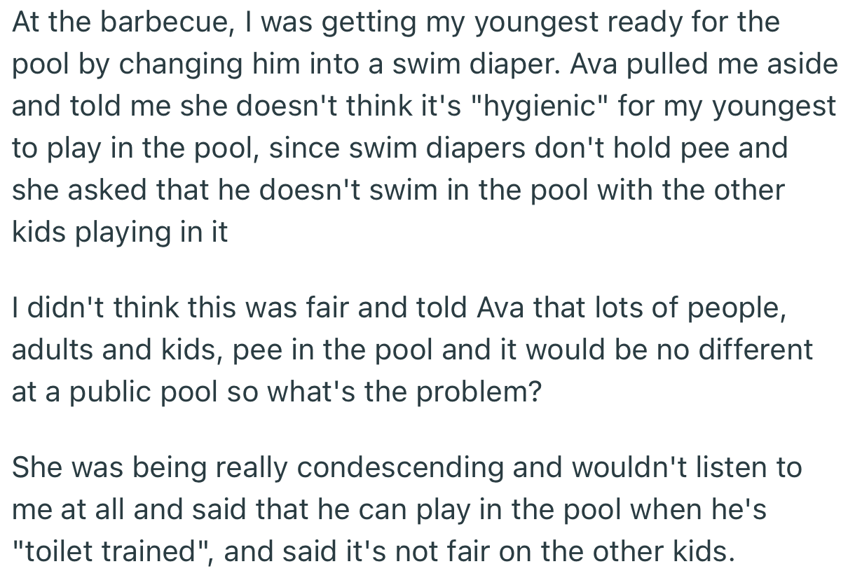 OP was getting her youngest ready to join the other kids in the pool, but Ava declined, citing that it isn’t hygienic since the baby is not toilet trained