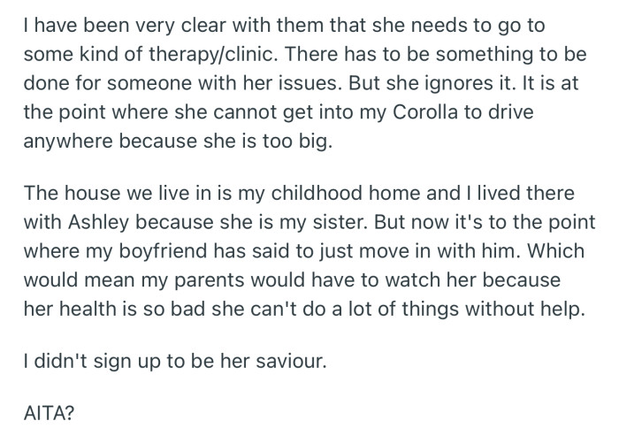 OP is contemplating moving in with her boyfriend and leaving her parents to cater to her sister all alone