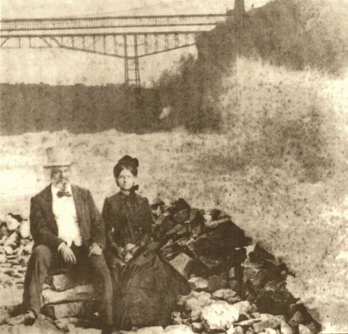 Frederick Douglass and his wife, Helen Pitts, captured together at Niagara Falls in 1884.