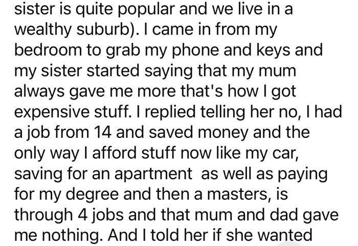 OP overheard her sister telling their mom that she allegedly receives more money.