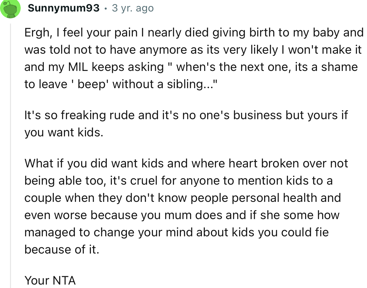 “NTA. It's So Freaking Rude and It's No One's Business but Yours If You Want Kids.”