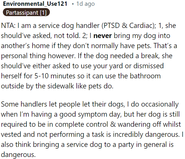 Bringing a service dog to a party is generally risky.