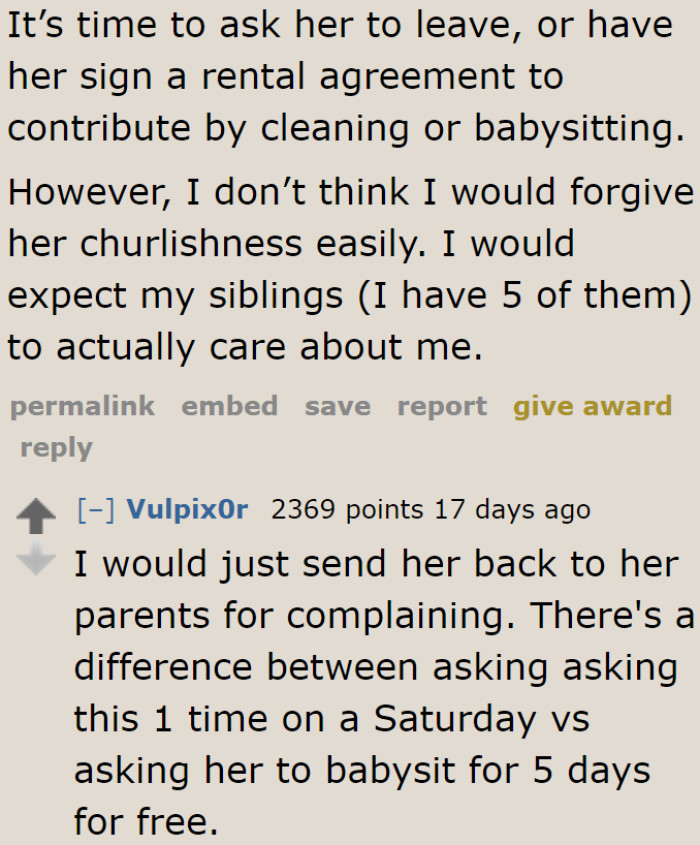 It's either the younger sister leaves, or she does some chores around the house.