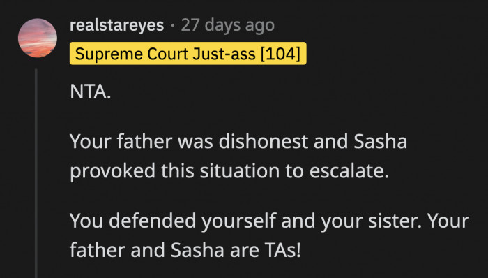 It was not OP's fault that Sasha's bait backfired on her