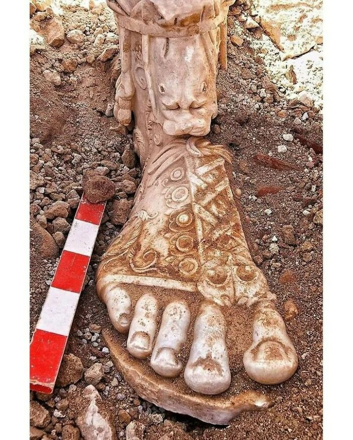 Leg and foot fragment of a Marcus Aurelius statue (r. 161–180 AD), excavated at Sagalassos, Turkey, in 2008.