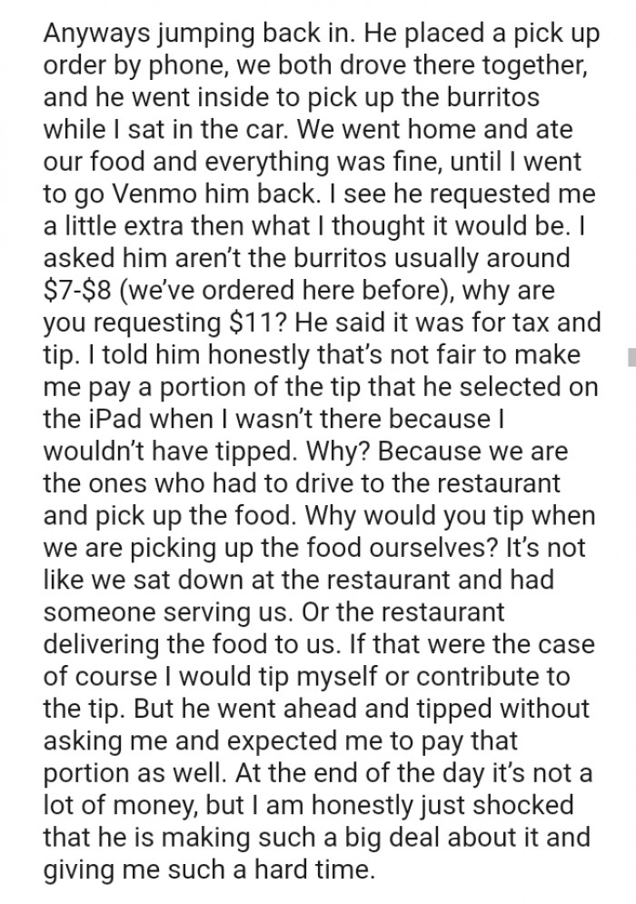 The OP told him that it's not fair to make her pay a portion of the tip