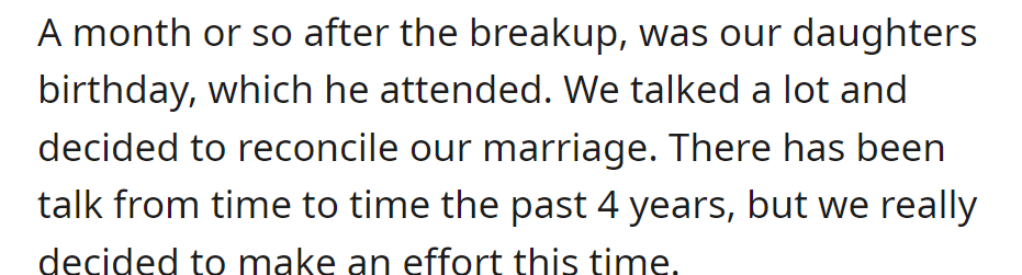 Post-breakup, he attended their daughter's birthday, prompting a genuine effort to reconcile the marriage after occasional talks over the past four years.