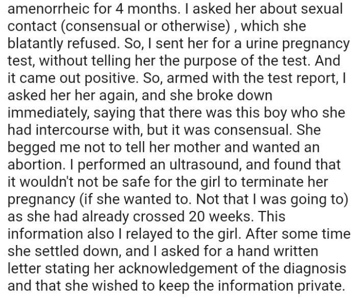 The OP sent her for a urine pregnancy test, without telling her the purpose of the test
