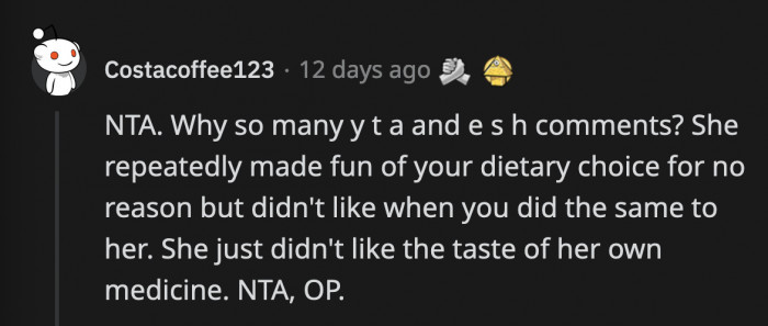 OP simply retaliated after being made fun of out of the blue for eating a veggie burger.