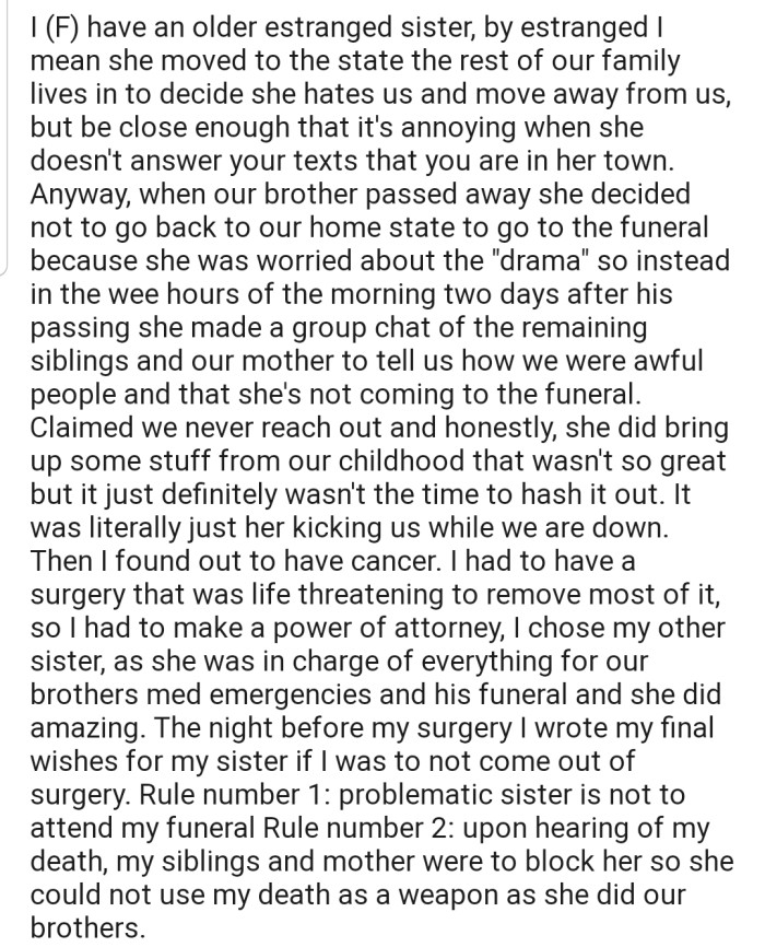 OP is battling cancer and has banned their estranged sister from attending her funeral