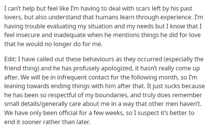 She says in her edit that she might want to end it with him after all of this because of all of the boundaries that he's setting with her and how it's making her feel.