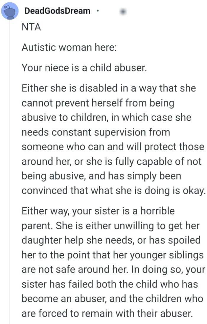 OP's niece is a child abuser